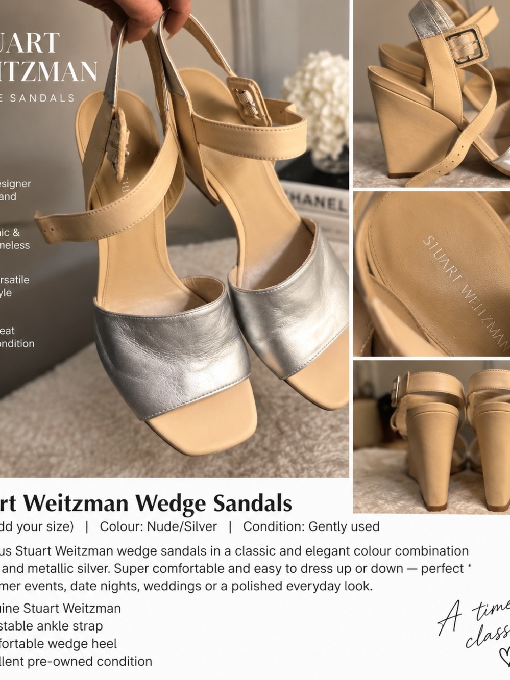 Stuart Weitzman Nude and Silver Wedge Sandals